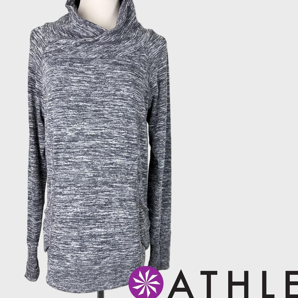 Athleta Techie Sweat Track Sweatshirt Gray Space Dye Cowl Neck Thumbholes Medium